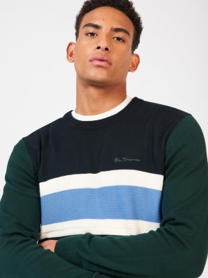 Ben Sherman Chest Stripe Crewneck Pletenina Tamno Zelene | 83469-AKJM