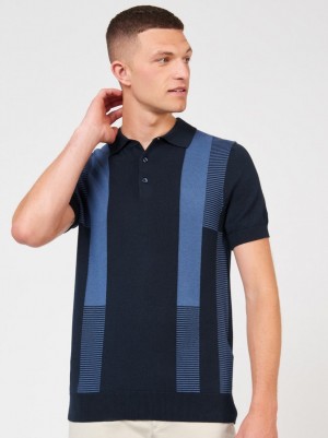 Ben Sherman Intarsia Stripe Džemper S Polo Izrezom Tamnoplave | 36495-ENAX