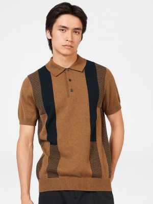 Ben Sherman Intarsia Stripe Džemper S Polo Izrezom Smeđe | 01957-FQAD