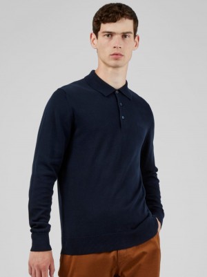 Ben Sherman Signature Long-Sleeve Džemper S Polo Izrezom Tamnoplave | 51279-FSZV