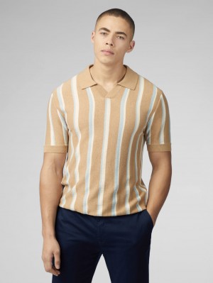 Ben Sherman Vertical Stripe Open Neck Polo Pletenina Sive | 76234-EMNL