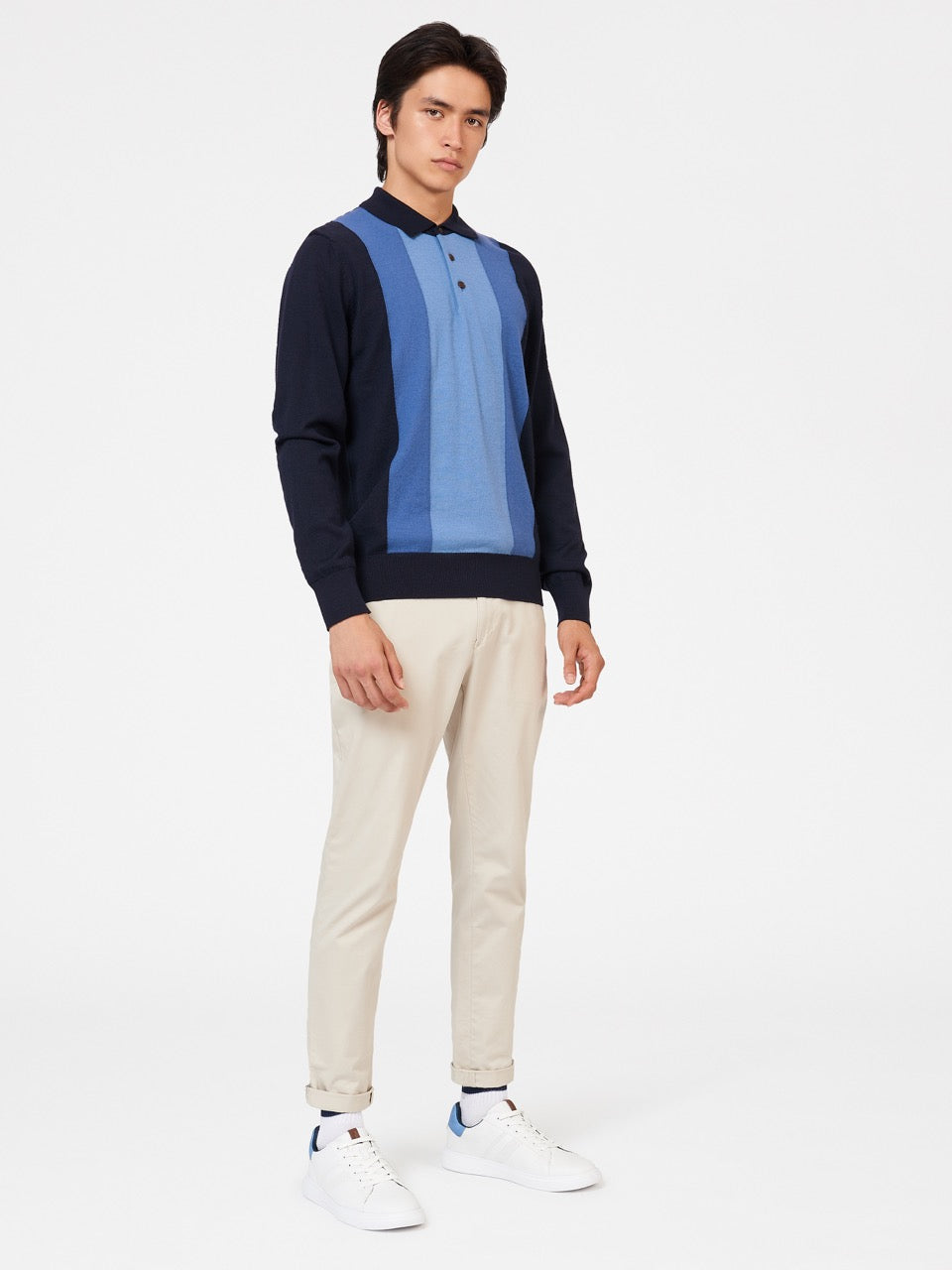 Ben Sherman Block Stripe Merino Džemper S Polo Izrezom Tamnoplave | 15076-DUAQ