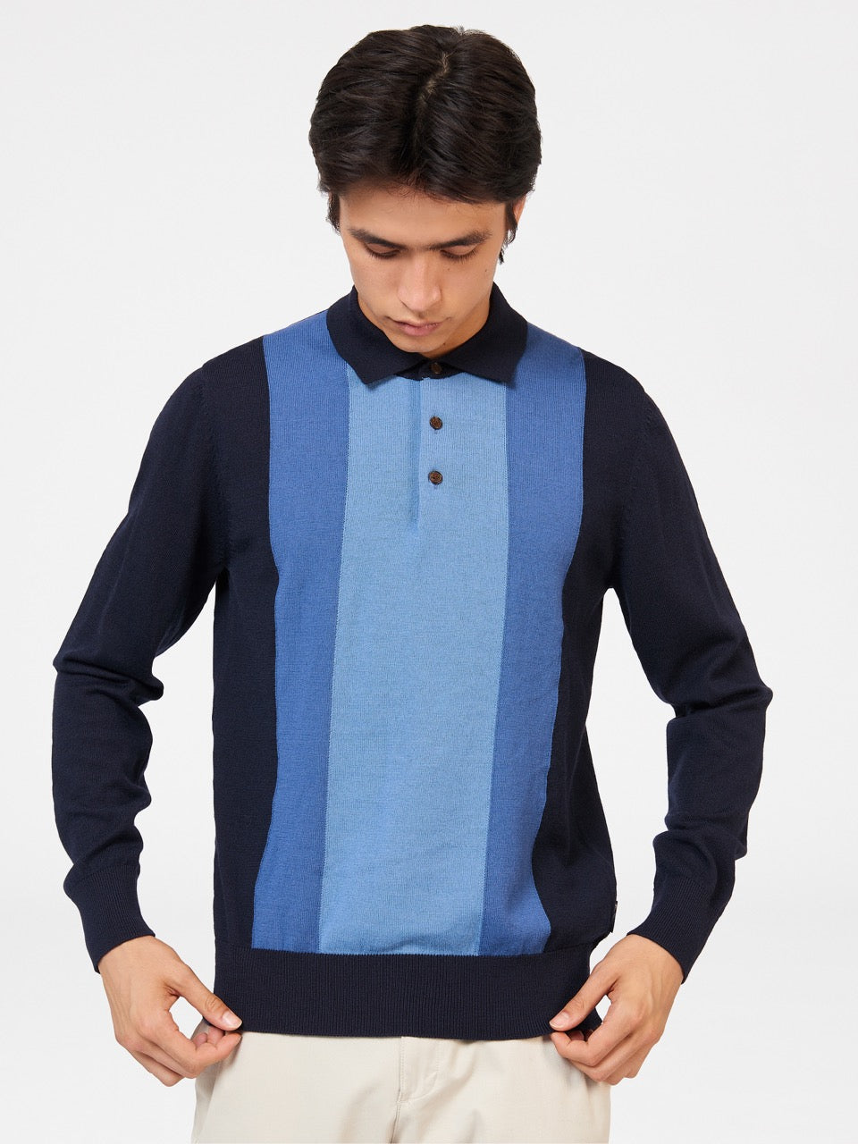 Ben Sherman Block Stripe Merino Džemper S Polo Izrezom Tamnoplave | 15076-DUAQ